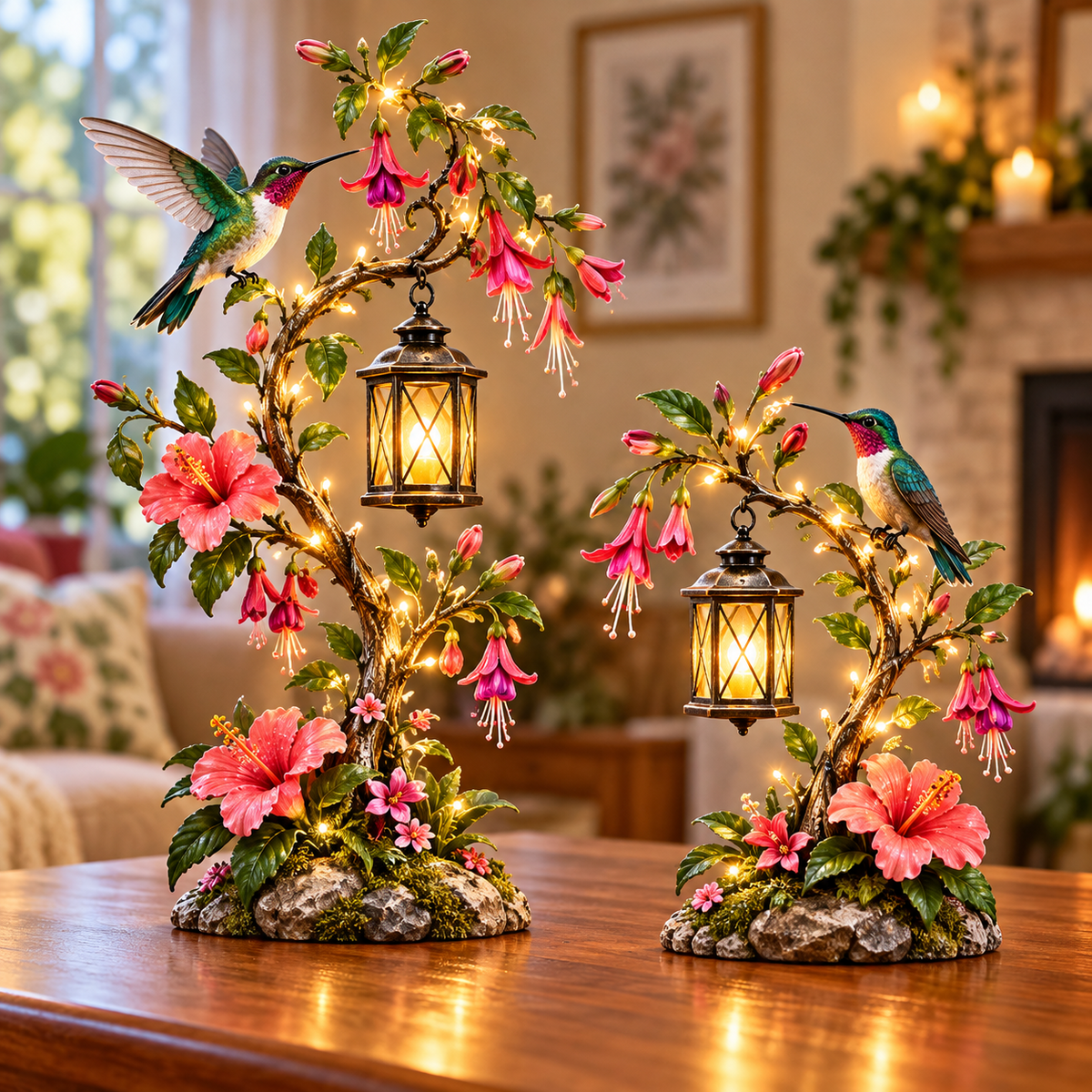 🌺🌺 Hummingbird Garden Glow Lantern – Lighted Floral Tabletop Décor