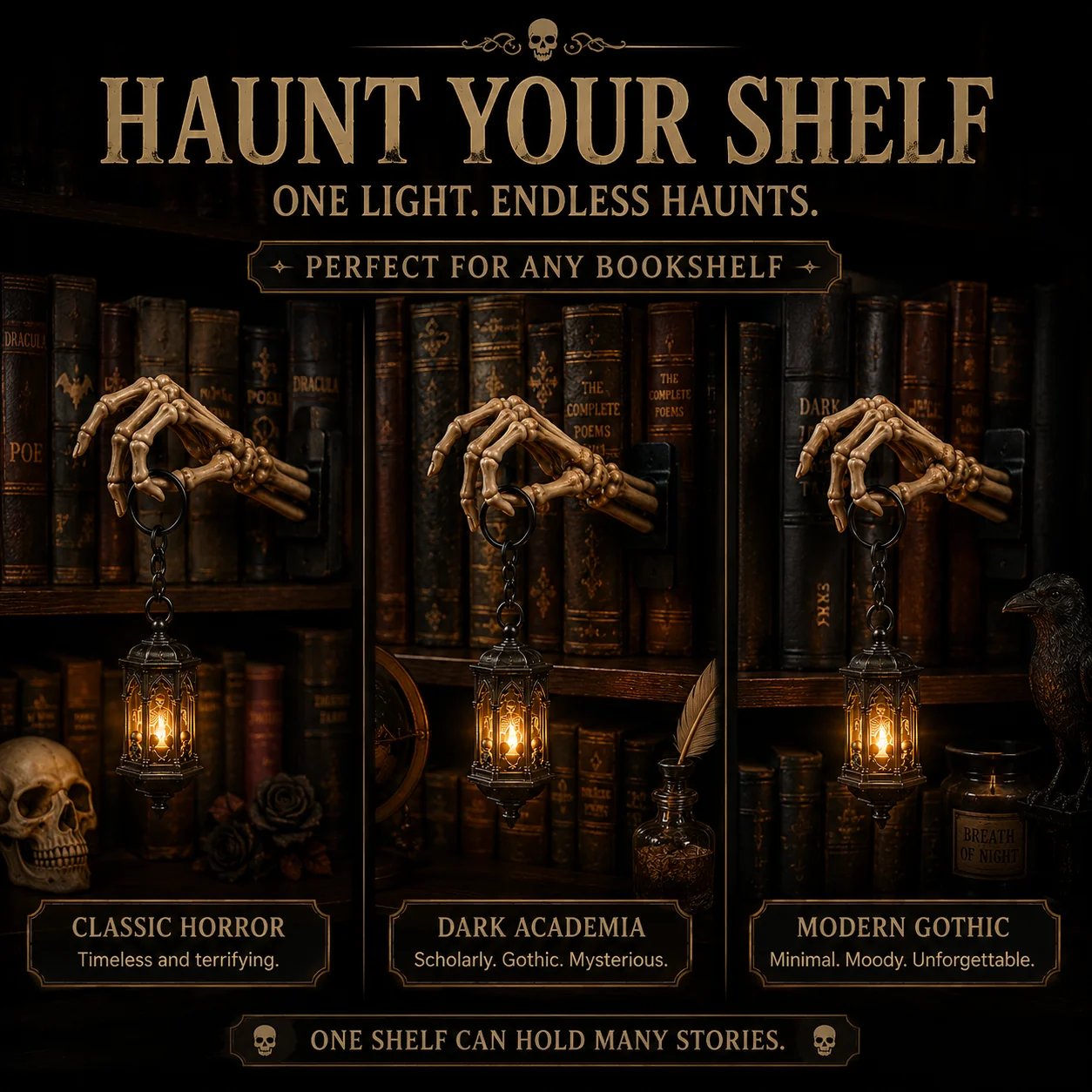 ⏳ Last Day 49% OFF – 💀Skeleton Hand Lantern – Gothic Warm Glow Bookshelf Décor