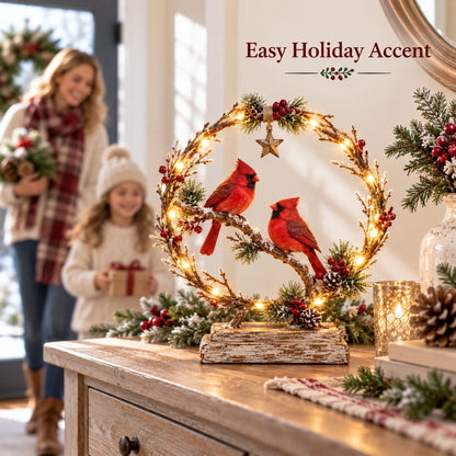 ❤️🐦 Cardinal Glow – Lighted Wreath Tabletop Decor