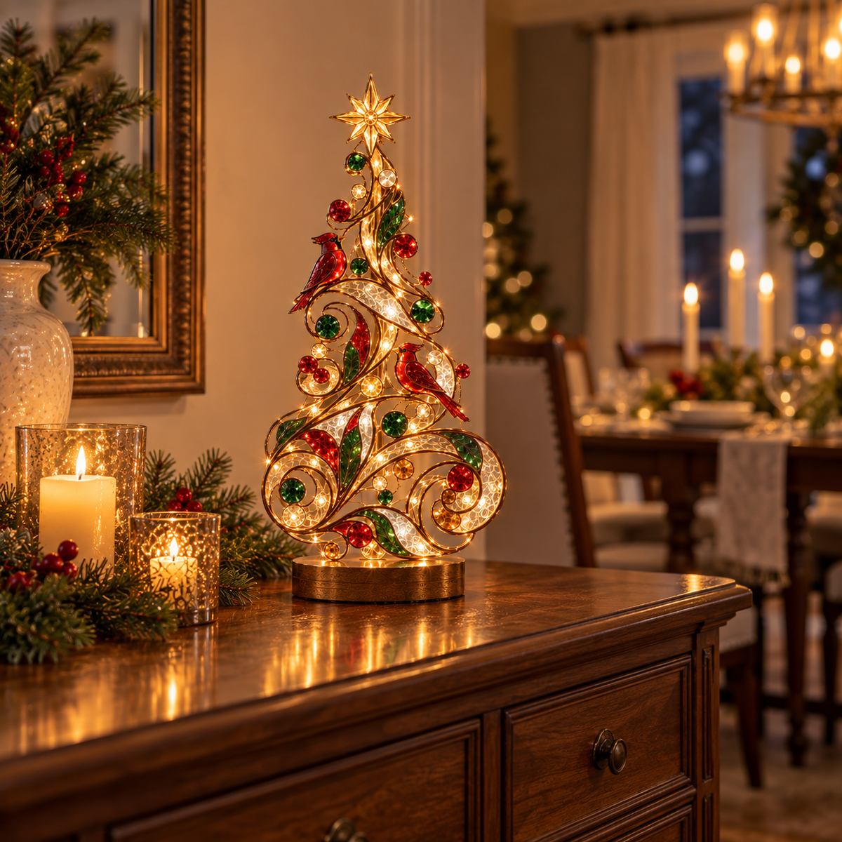 Lighted Stained Glass-Inspired Christmas Tree Tabletop Decor with Cardinal