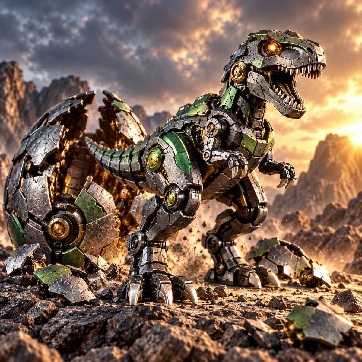 Titan T-Rex posed on a rocky landscape beside its opened egg shell.