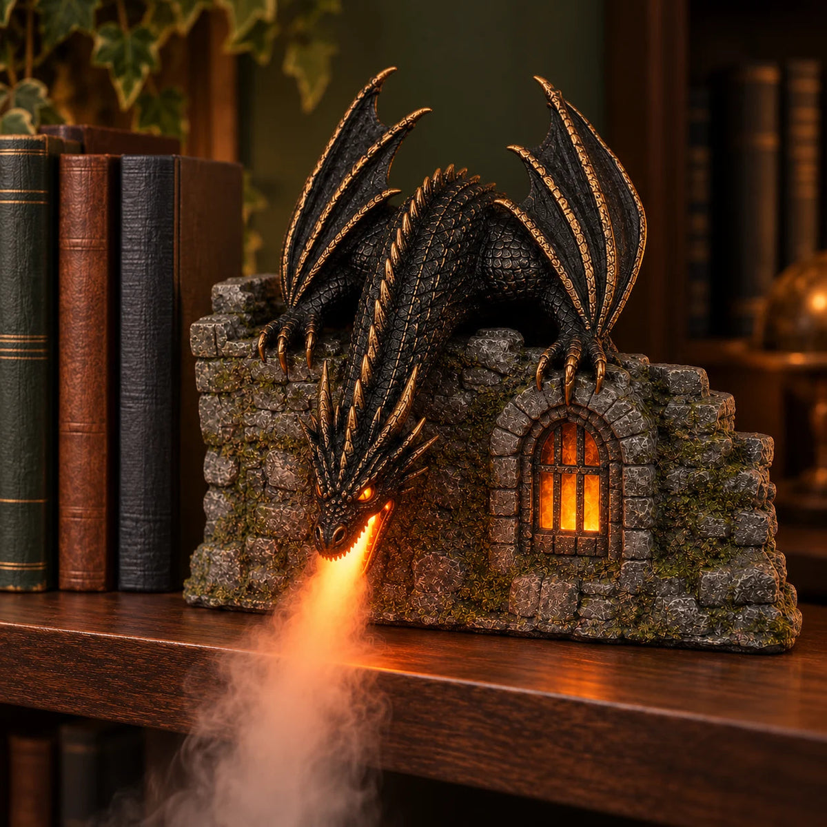 🐉 Dragon Mist Diffuser – Glowing Castle Bookshelf Decor