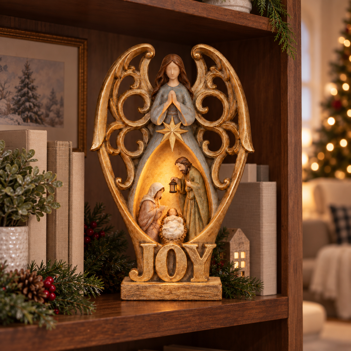 Angel of Joy Christmas Nativity displayed naturally on a wooden bookshelf