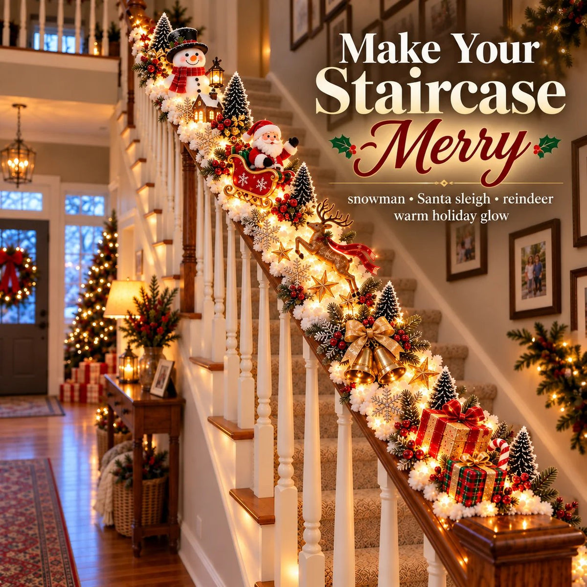 🔥😍Festive Sleigh Stairway Accent – Lighted Holiday Banister Decor🎅