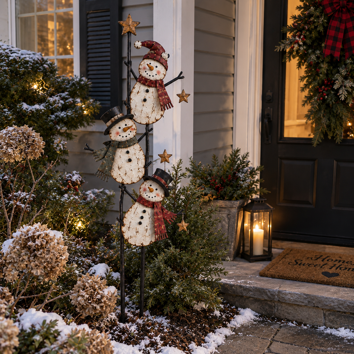 Vintage Climbing Snowman Garden Stake in a snowy Christmas garden