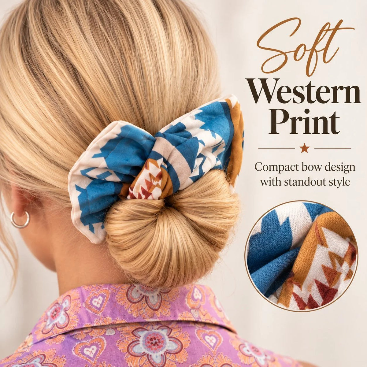Close view of western print hair bow around low bun