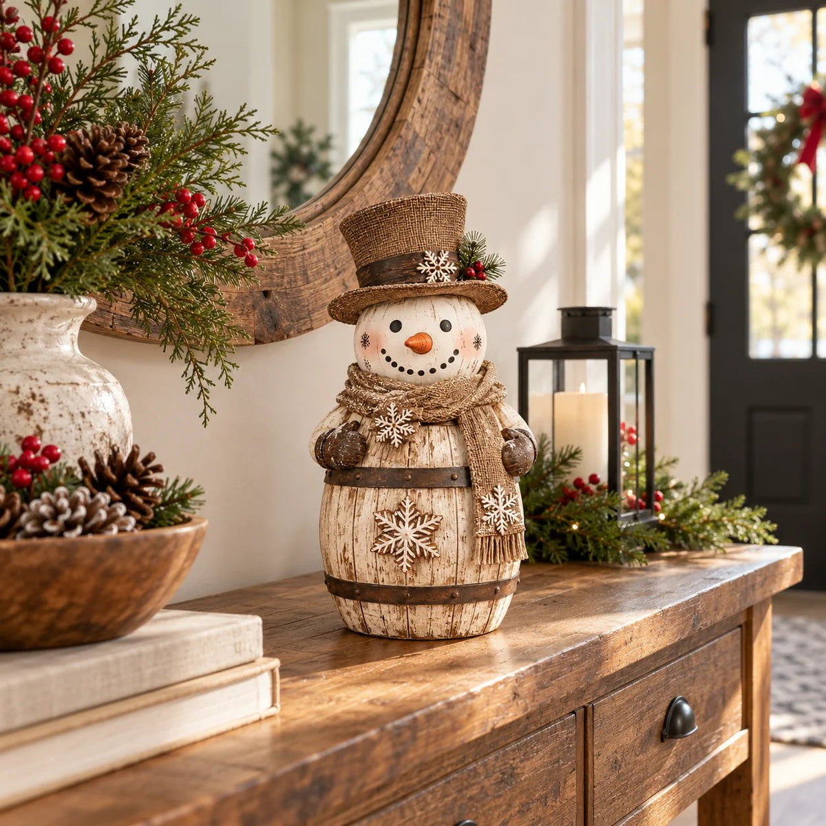 Vintage Whitewashed Barrel Snowman Figurine ⛄🪵 – Rustic Christmas Farmhouse Decor