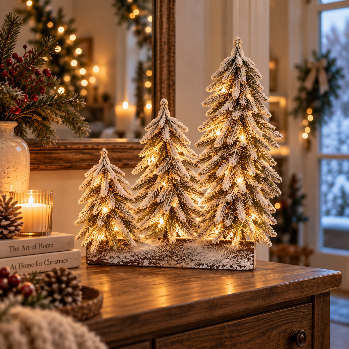 Three-tree snowy woodland trio glowing on an entryway table
