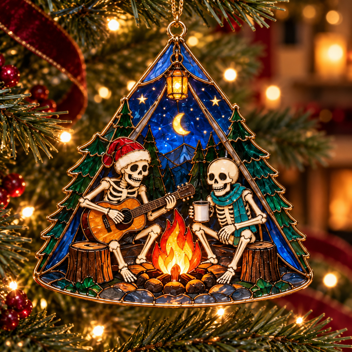 ✨Friends for Eternity – Vintage Stained Glass Style Skeleton Christmas Ornaments