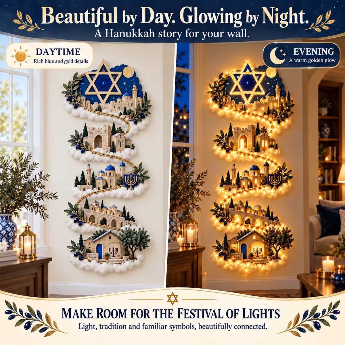 Hanukkah wall decor day and night comparison