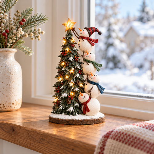❄️Snowmen Topping the Christmas Tree – Lighted Christmas Figurine