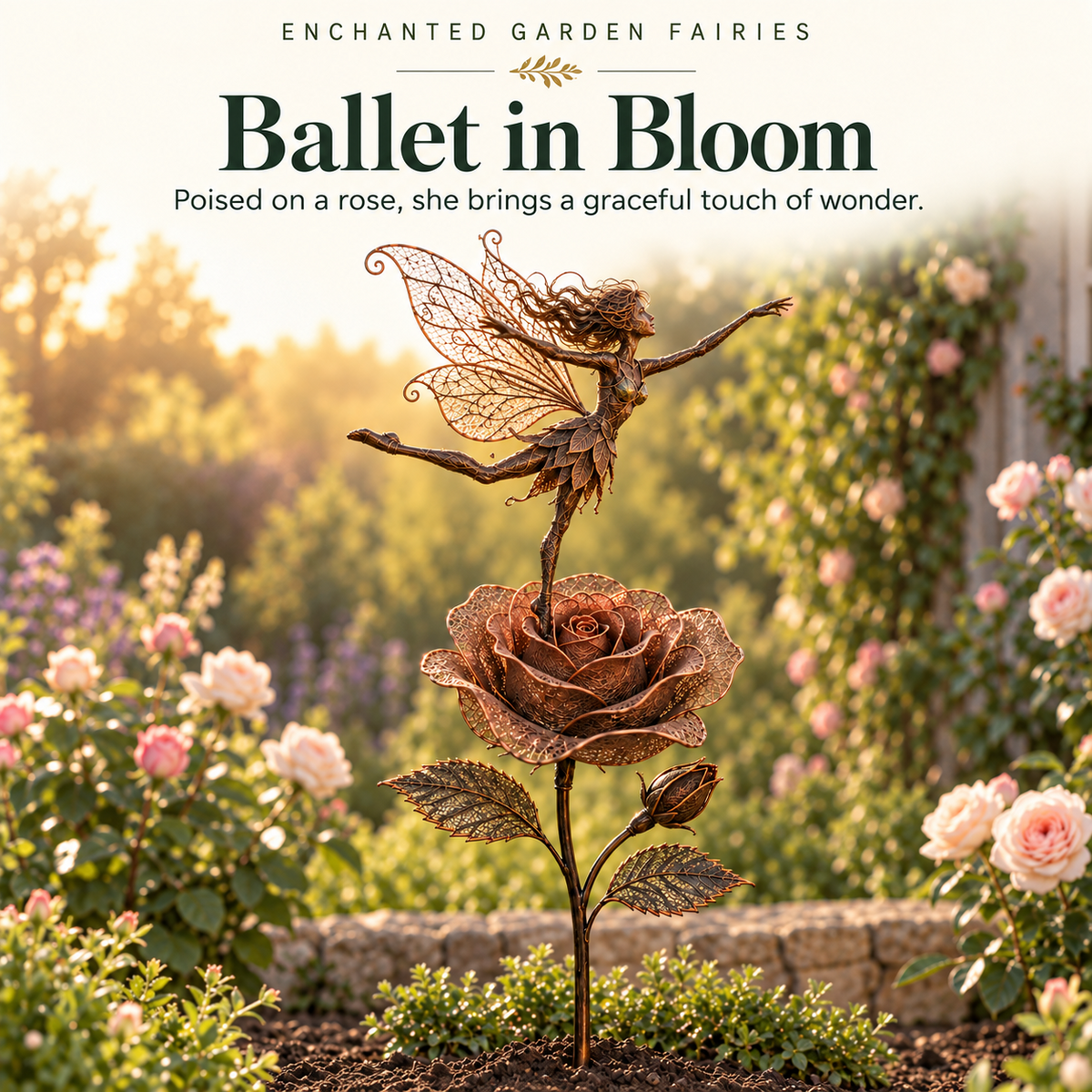 A fairy in a ballet pose balanced on an open rose, with a lifted back leg and ornate wings