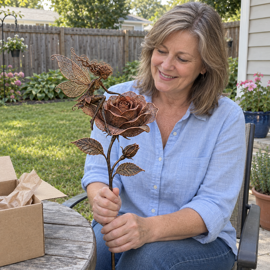 AI-generated scene of a woman in a blue shirt holding a seated rose fairy beside a backyard table