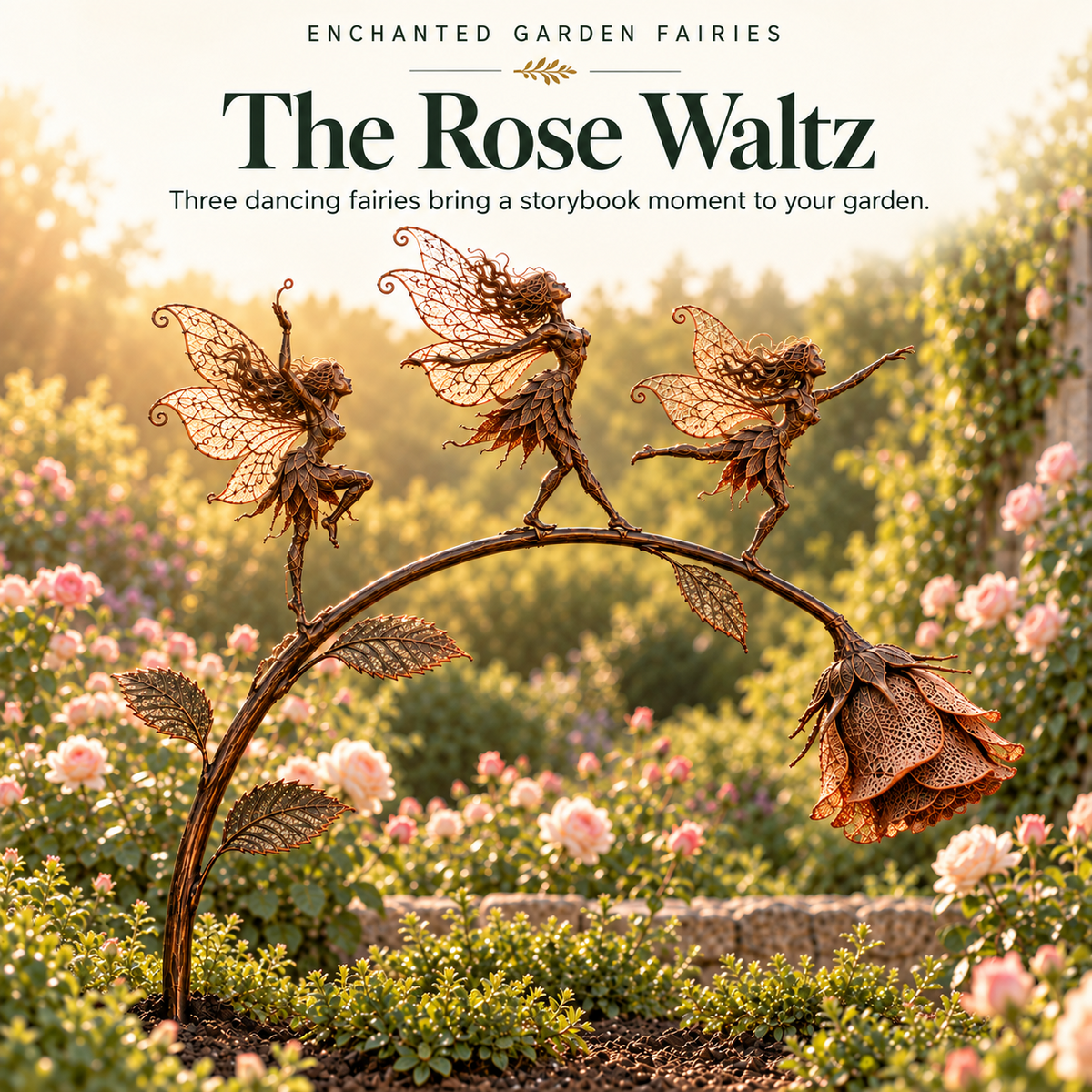 Three bronze-colored fairies dancing on one arched rose branch with a naturally downward-facing rose