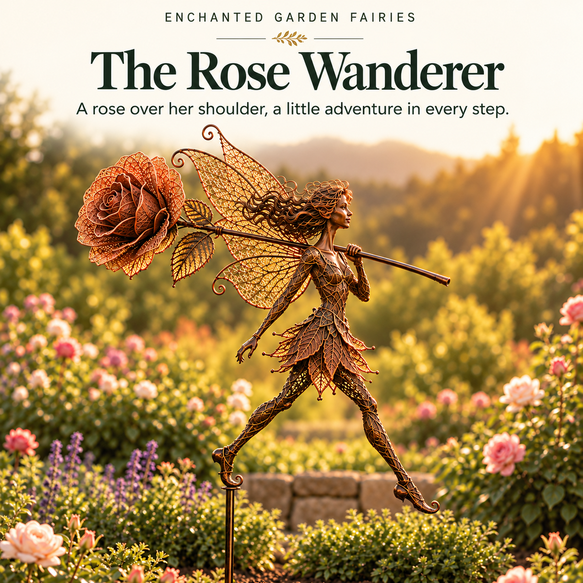 A fairy striding forward with a rose over her shoulder, its flower behind her and her neck exposed