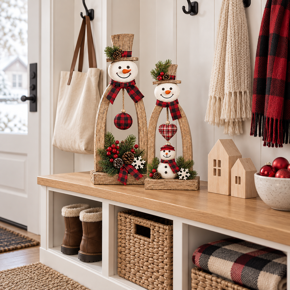 Wooden snowman pair displayed on a welcoming American mudroom bench