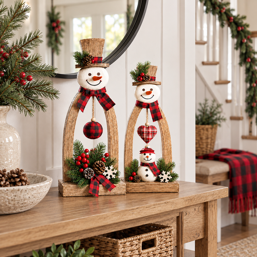 Rustic Wooden Snowman Christmas Tabletop Decorations – Set of 2 Farmhouse Holiday Figurines with Plaid Accents