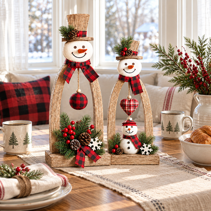 Rustic Wooden Snowman Christmas Tabletop Decorations – Set of 2 Farmhouse Holiday Figurines with Plaid Accents
