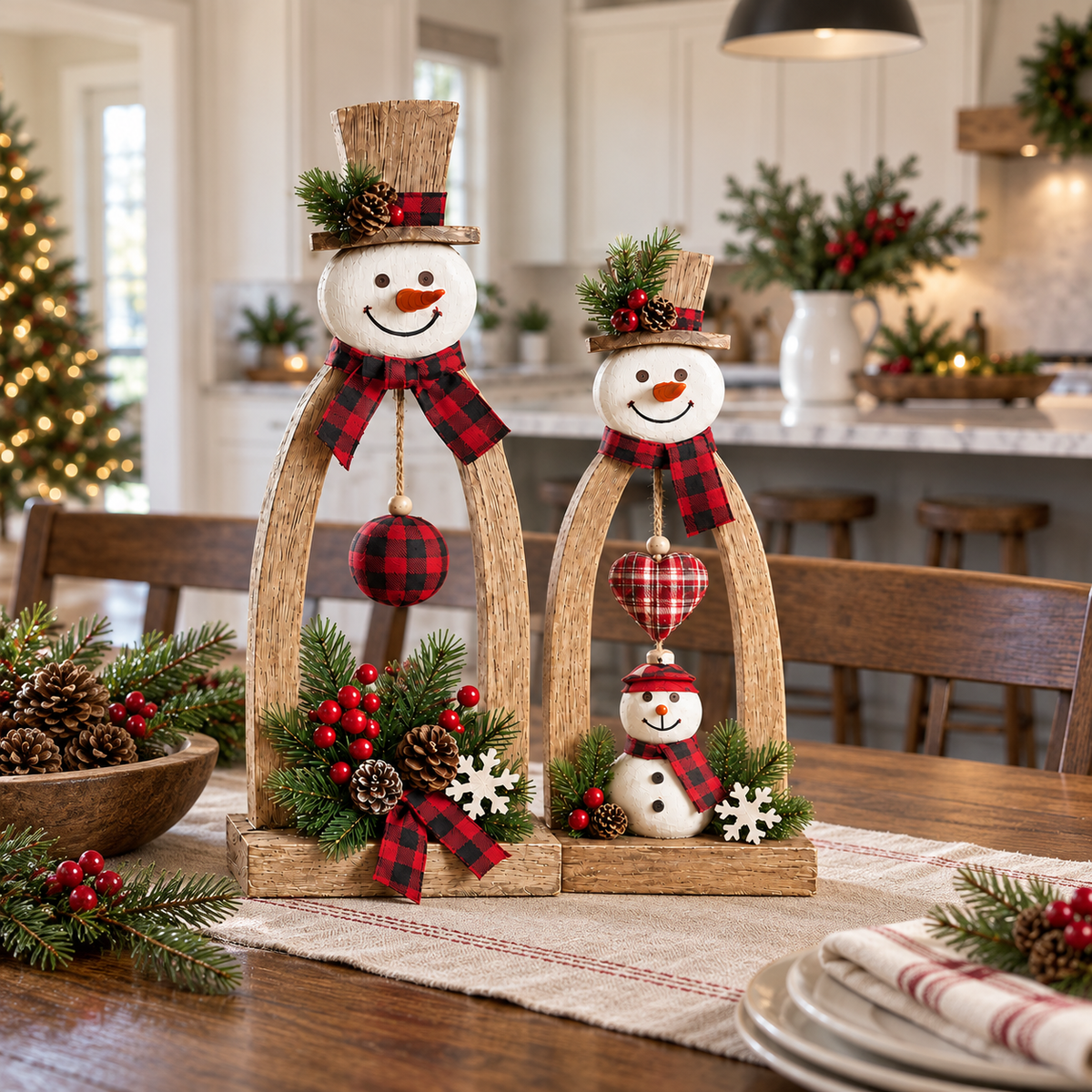 Rustic Wooden Snowman Christmas Tabletop Decorations – Set of 2 Farmhouse Holiday Figurines with Plaid Accents