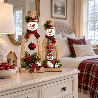 Rustic Wooden Snowman Christmas Tabletop Decorations – Set of 2 Farmhouse Holiday Figurines with Plaid Accents