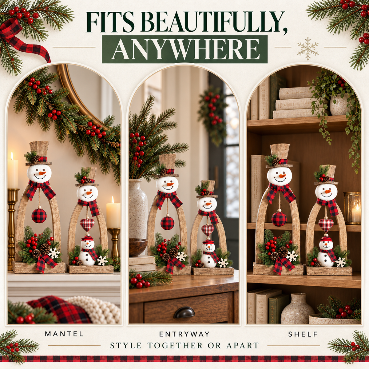 Three home styling examples for the rustic wooden snowman pair