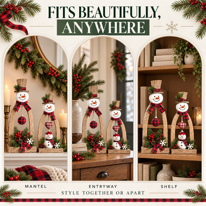 Rustic Wooden Snowman Christmas Tabletop Decorations – Set of 2 Farmhouse Holiday Figurines with Plaid Accents