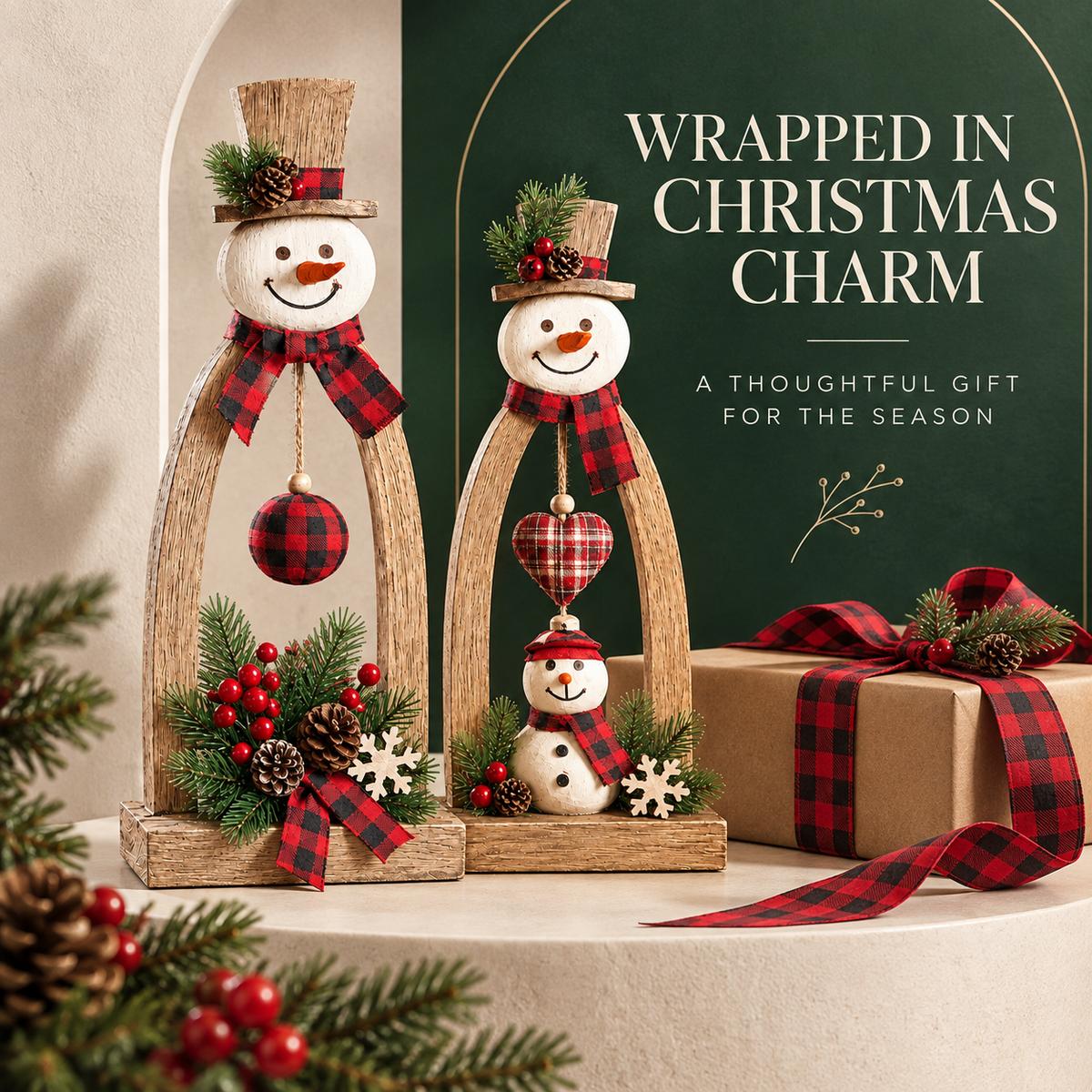 Coordinated rustic wooden snowman set presented as a Christmas gift