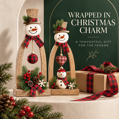 Rustic Wooden Snowman Christmas Tabletop Decorations – Set of 2 Farmhouse Holiday Figurines with Plaid Accents