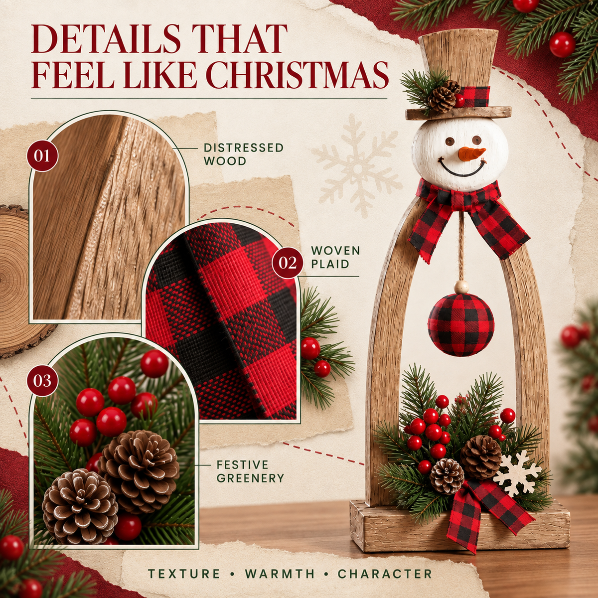 Rustic Wooden Snowman Christmas Tabletop Decorations – Set of 2 Farmhouse Holiday Figurines with Plaid Accents