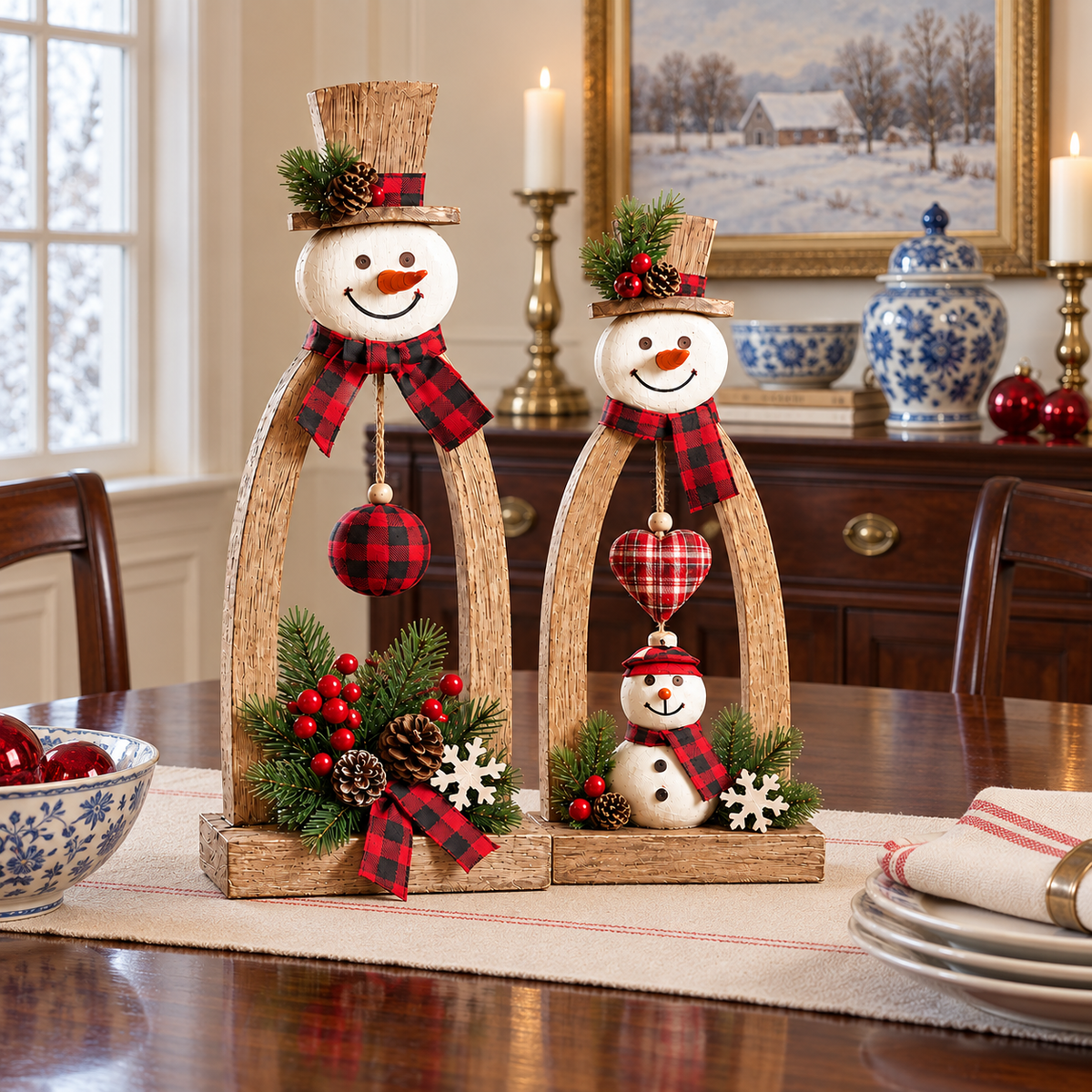 Rustic Wooden Snowman Christmas Tabletop Decorations – Set of 2 Farmhouse Holiday Figurines with Plaid Accents