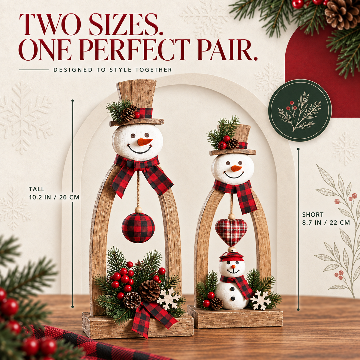 Size comparison showing the 10.2-inch and 8.7-inch wooden snowman decorations