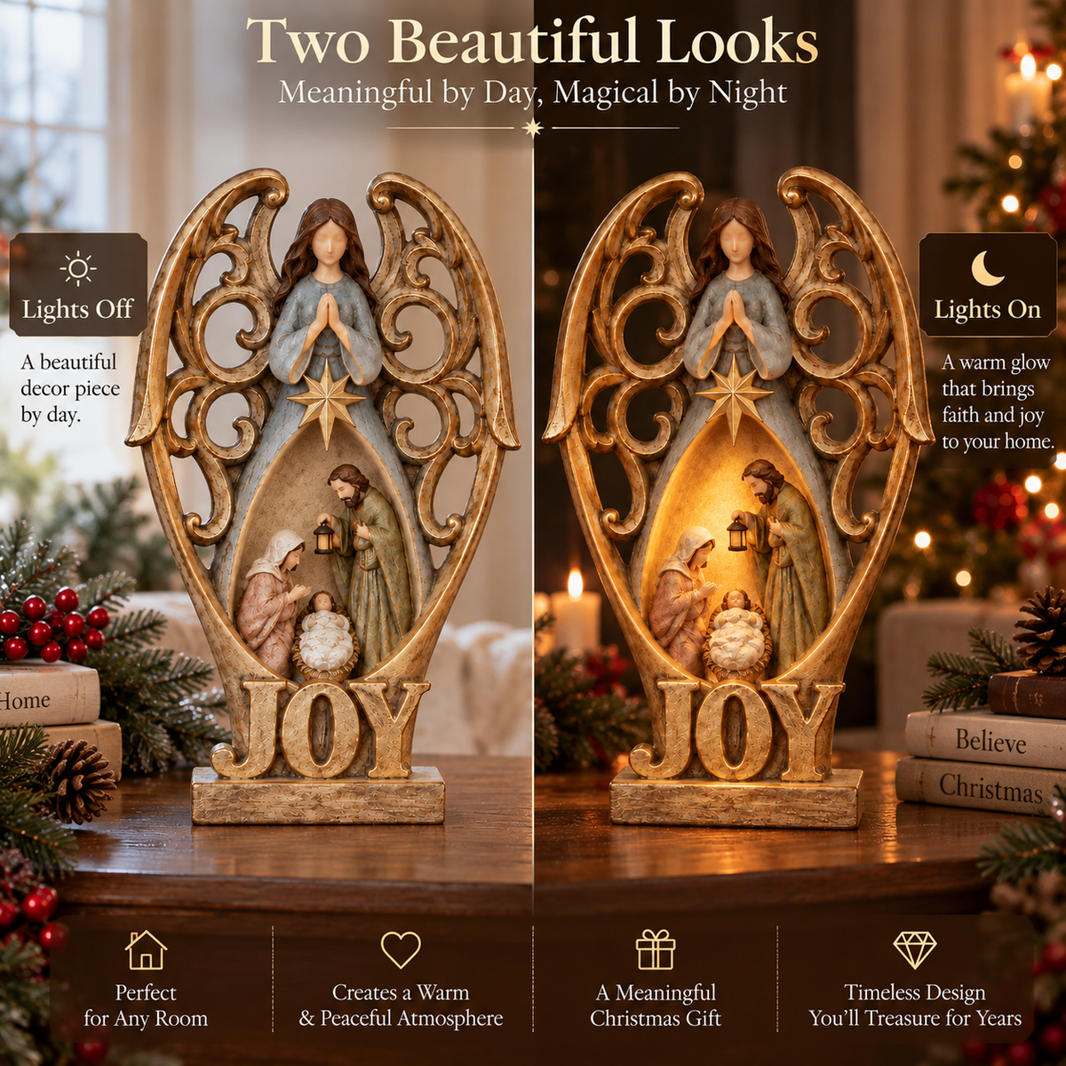 Angel of Joy Nativity figurine comparison showing lights off during the day and warm inner glow at night