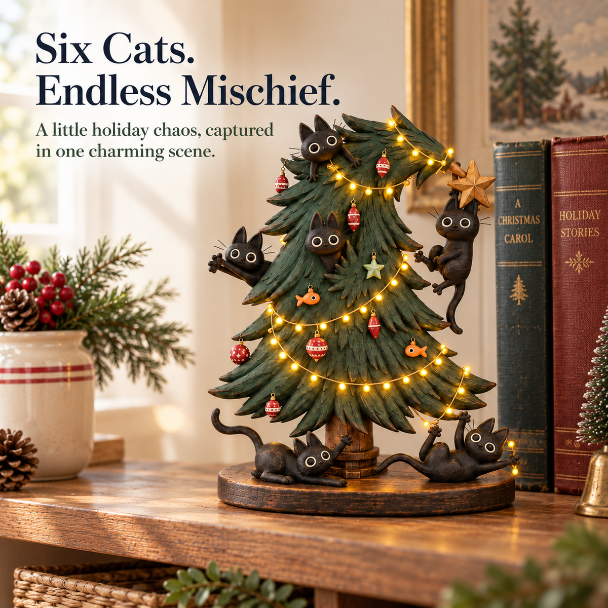 🐈‍⬛🎄 Curious Black Cats Climbing Christmas Tree Figurine ✨