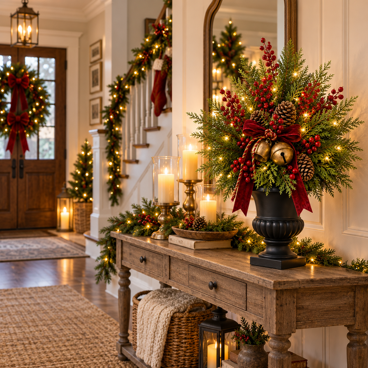 24-Inch Pre-Lit Artificial Christmas Evergreen Urn Filler with Berries, Pinecones & Vintage Bells
