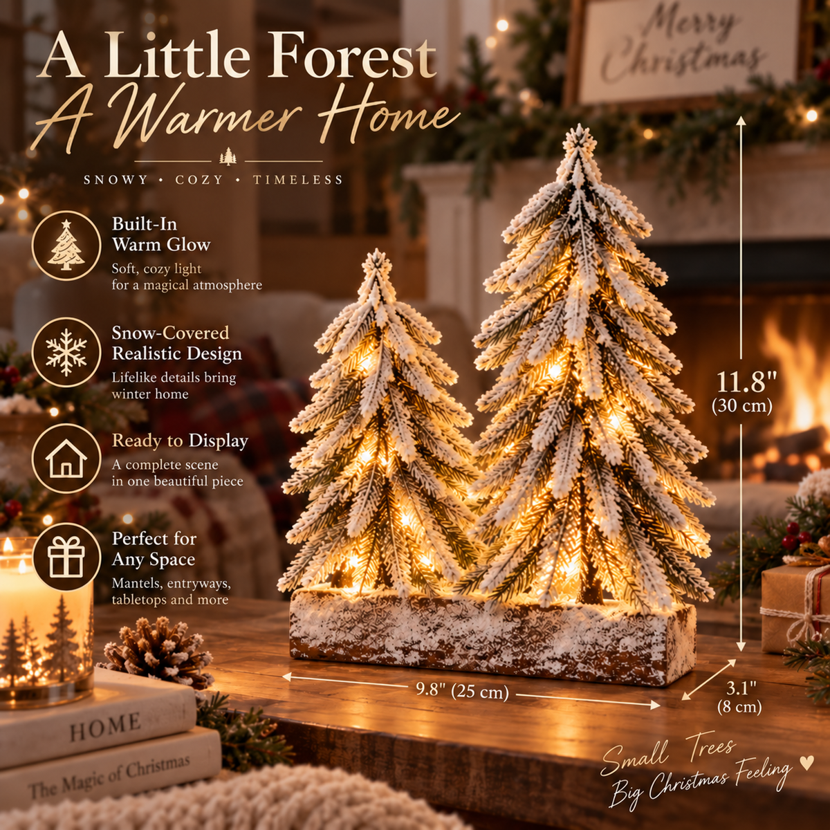 Lighted Snowy Woodland tabletop Christmas tree forest in a warm holiday setting