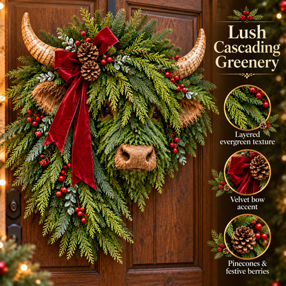 Highland Cow Christmas Wreath – Rustic Farmhouse Holiday Door Decoration with Cascading Greenery &amp; Red Velvet Bow