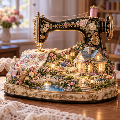 🧵✨Stitched to Life – A Garden Sewn with Love | Lighted Sewing Machine Decor