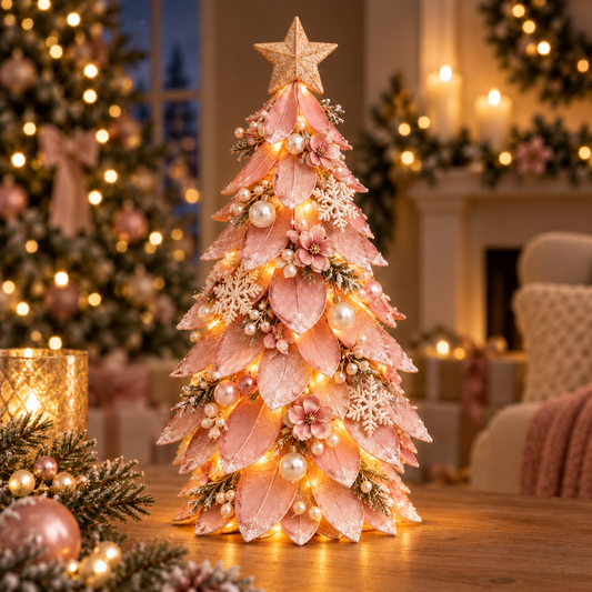 Petal Noel™ Lighted Vintage Christmas Tree – Romantic Floral Tabletop Holiday Decor with Warm White Glow