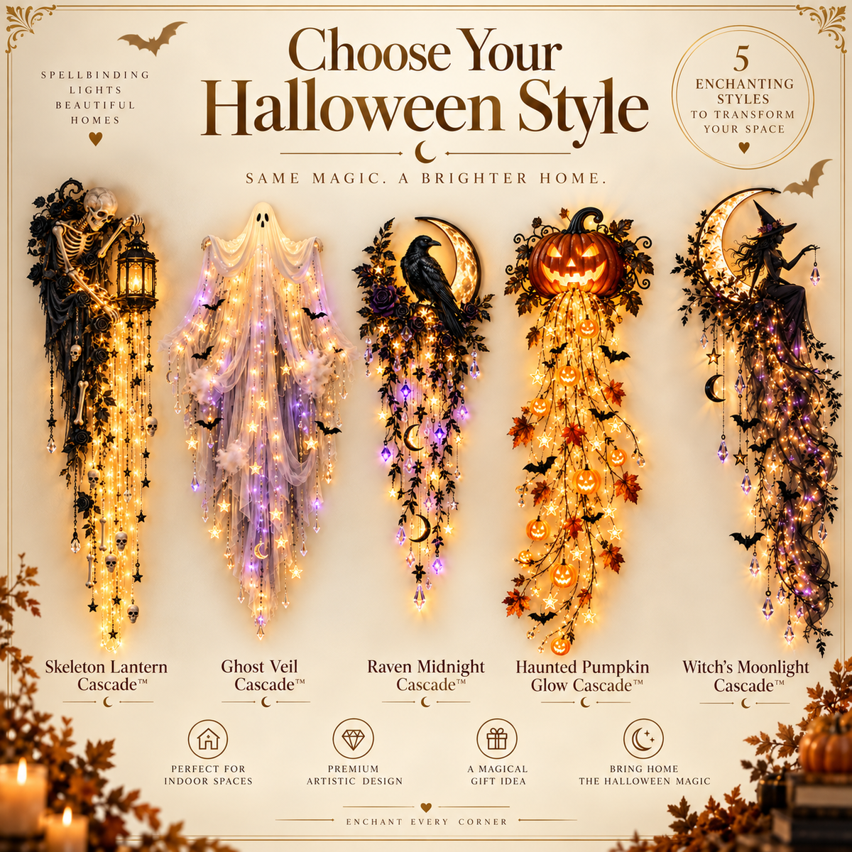 Nestmiro®✨ Enchanted Halloween Cascade Lights | Gothic Hanging Wall Decor – 5 Styles