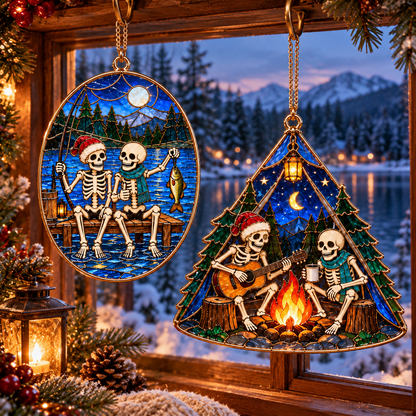 ✨Friends for Eternity – Vintage Stained Glass Style Skeleton Christmas Ornaments