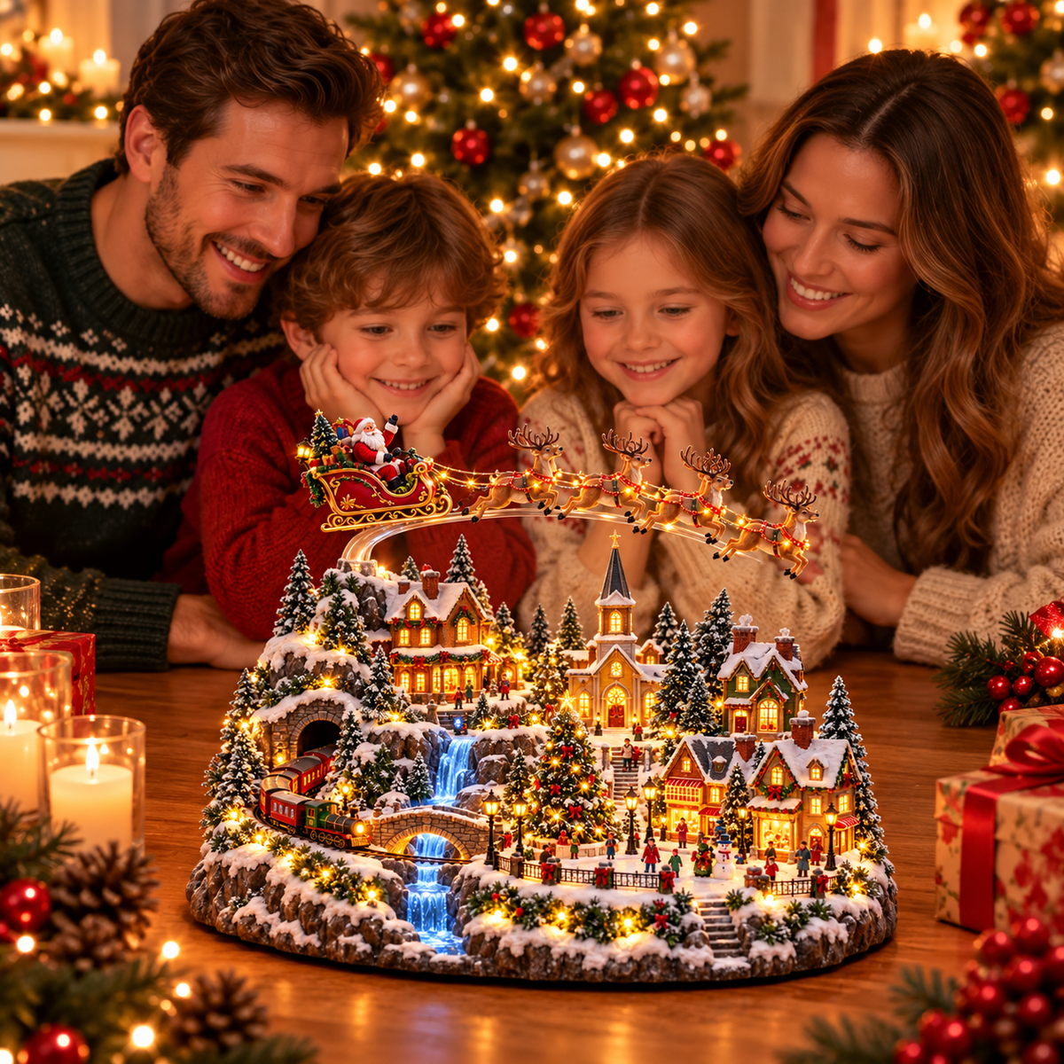🔥 LAST DAY 49% OFF 🔥 Lighted Animated Christmas Village with Train, Reindeer Sleigh & Waterfall ✨