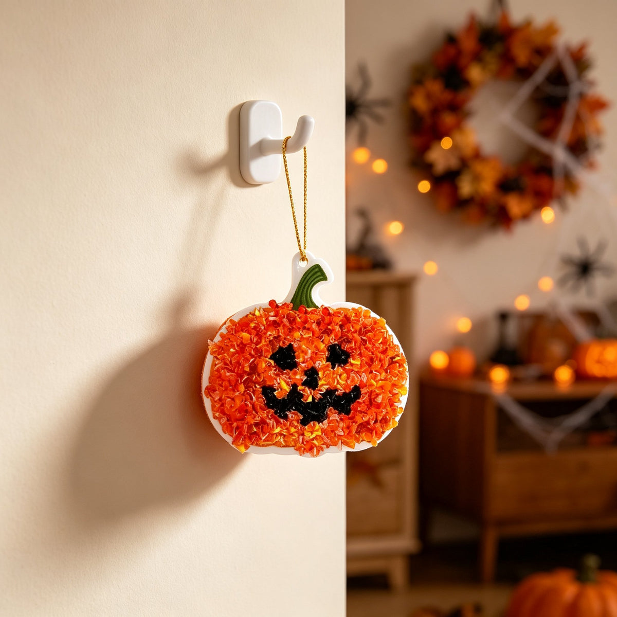 Finished Halloween pumpkin craft hanging on wall