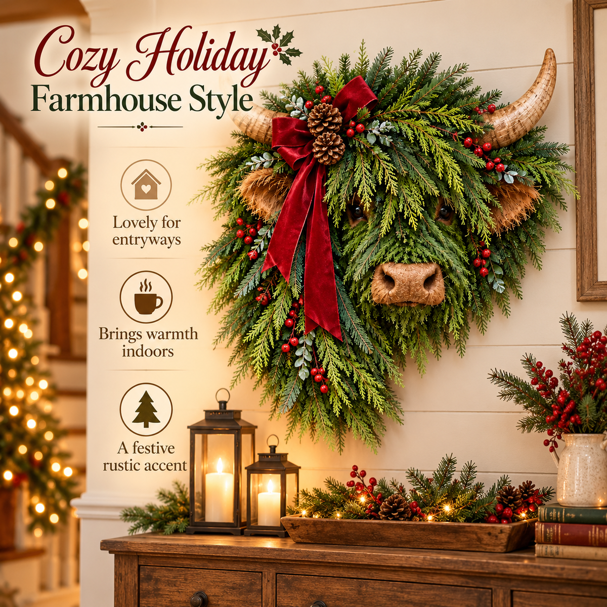 Rustic Holiday Highland Cow Wreath