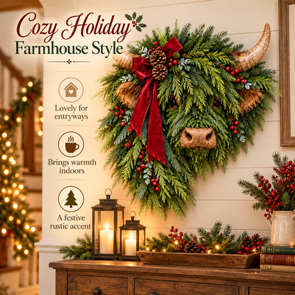 Highland Cow Christmas Wreath – Rustic Farmhouse Holiday Door Decoration with Cascading Greenery &amp; Red Velvet Bow