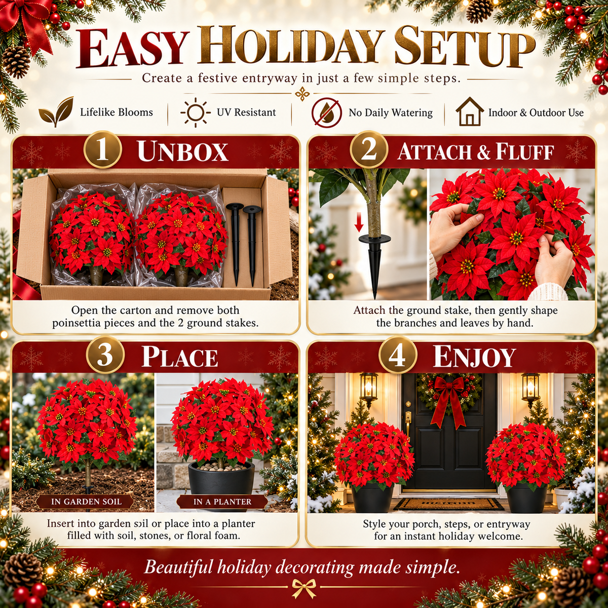 Christmas Poinsettia Porch Stakes , Artificial Holiday Plants for Indoor & Outdoor Decor