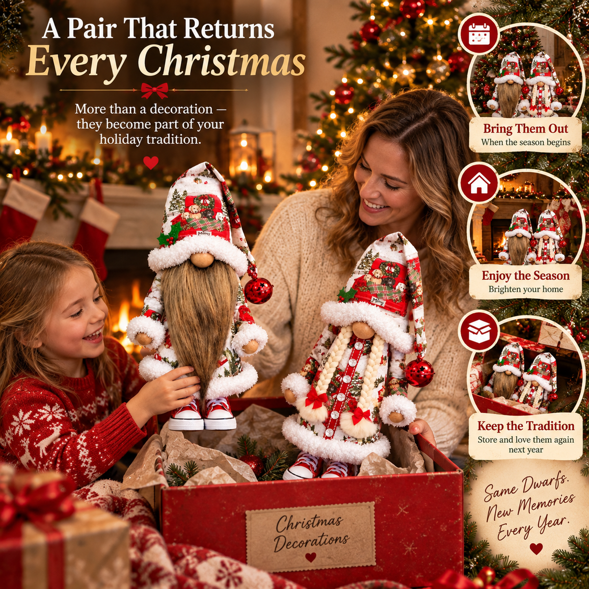 Mother and child enjoying the Christmas gnomes while unpacking holiday decorations