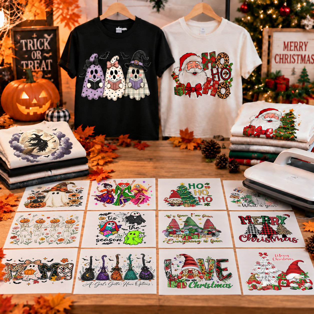 Halloween and Christmas transfer designs displayed with example shirts on a holiday craft table