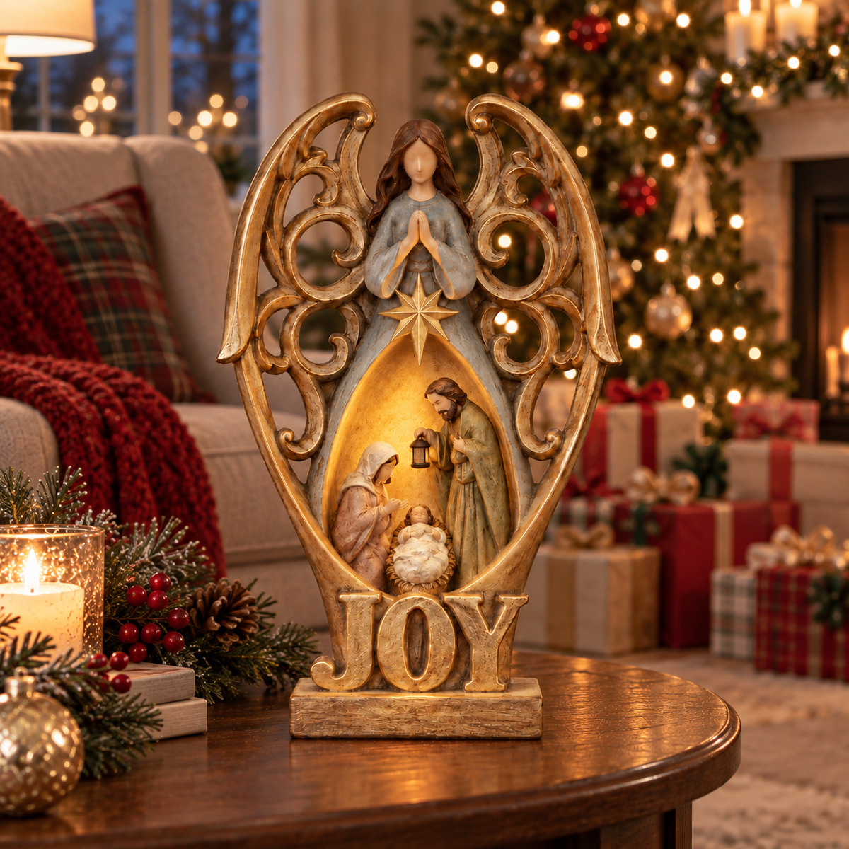 Angel of Joy illuminated Nativity Christmas figurine in a warm American living room