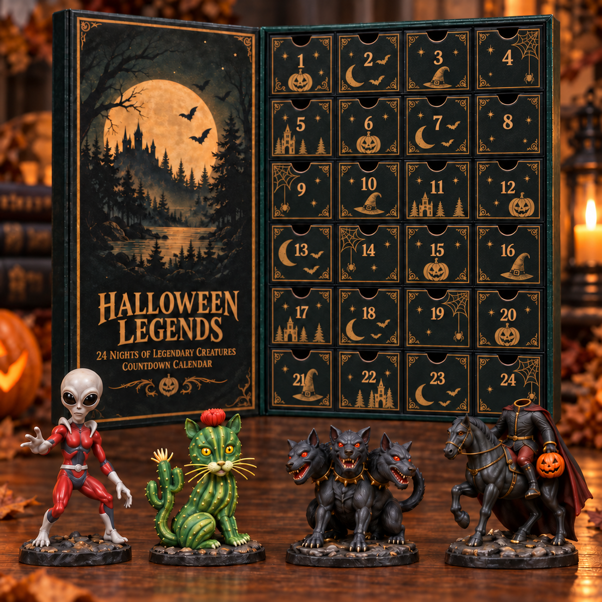 Closeup of the alien, cactus cat, Cerberus, and Headless Horseman with the closed calendar drawers behind them