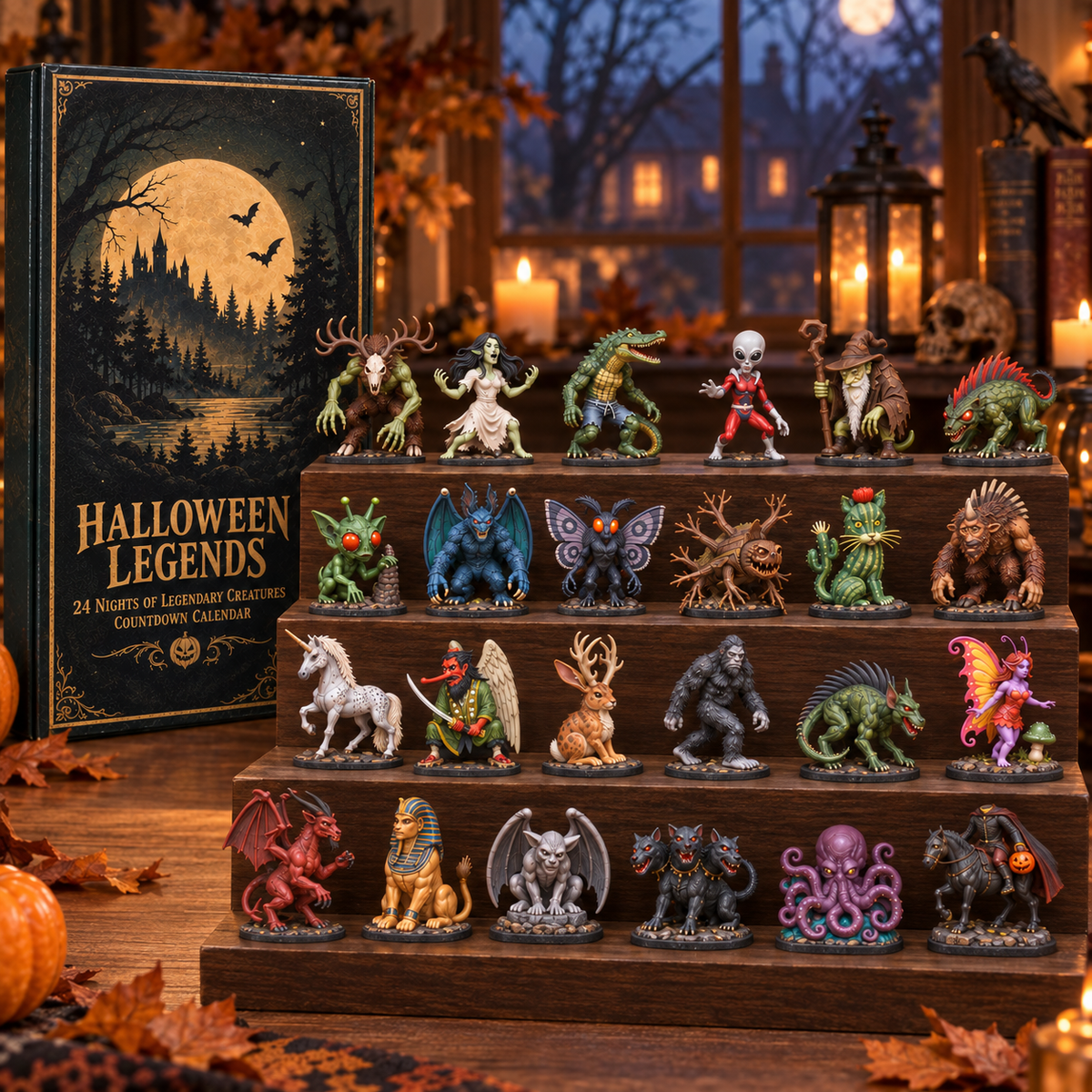 All 24 Halloween Legends miniatures arranged on four wooden display steps beside the illustrated box